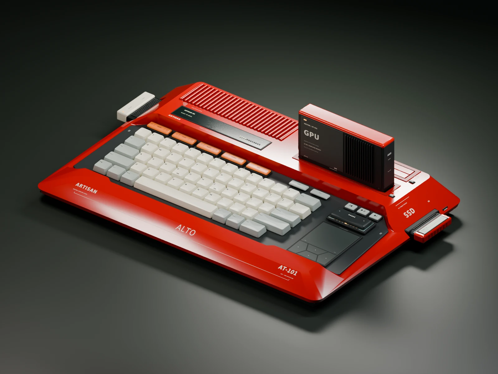 Sculpted red ARTISAN ALTO AT-101 computer with an ivory keyboard, red top louvres and deeply seated compute cartridge